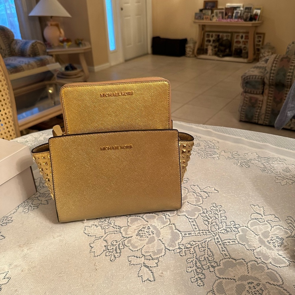 Michael Kors gold studded purse with matching wallet